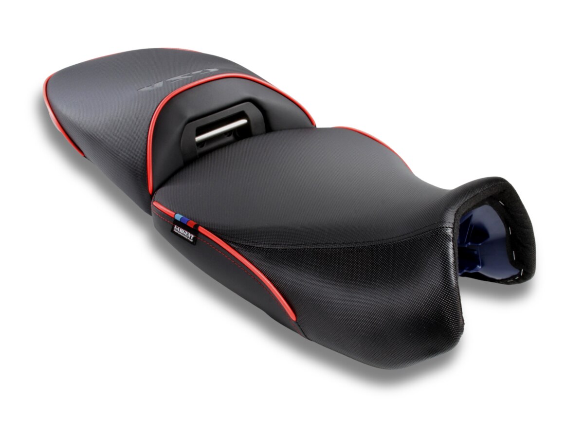 Sargent Cycle Products new Performance Plus 2-pc motorcycle seats for the BMW R 1300 GSA with DTX, Gripzones, and Racing Red Welt, Regular Height Front seat..